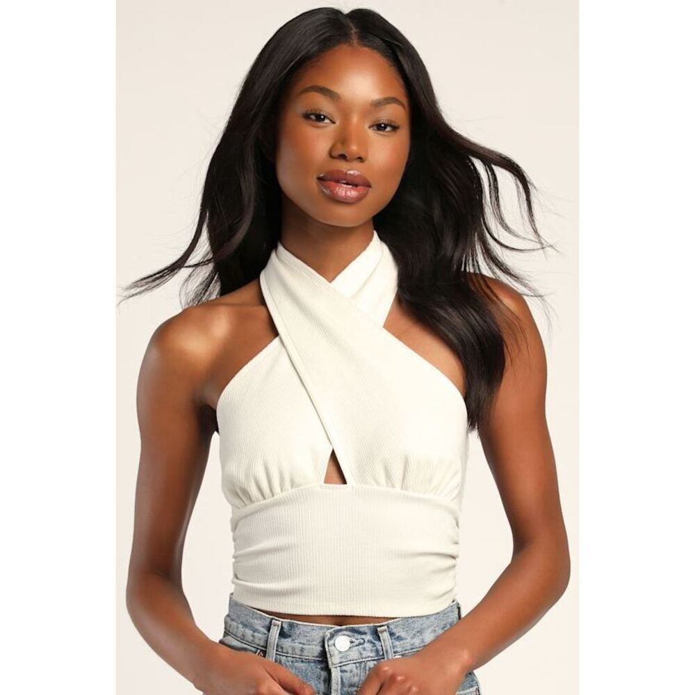 Lulus Total Convert Ivory Ribbed Convertible Cropped Halter Top White - Size S